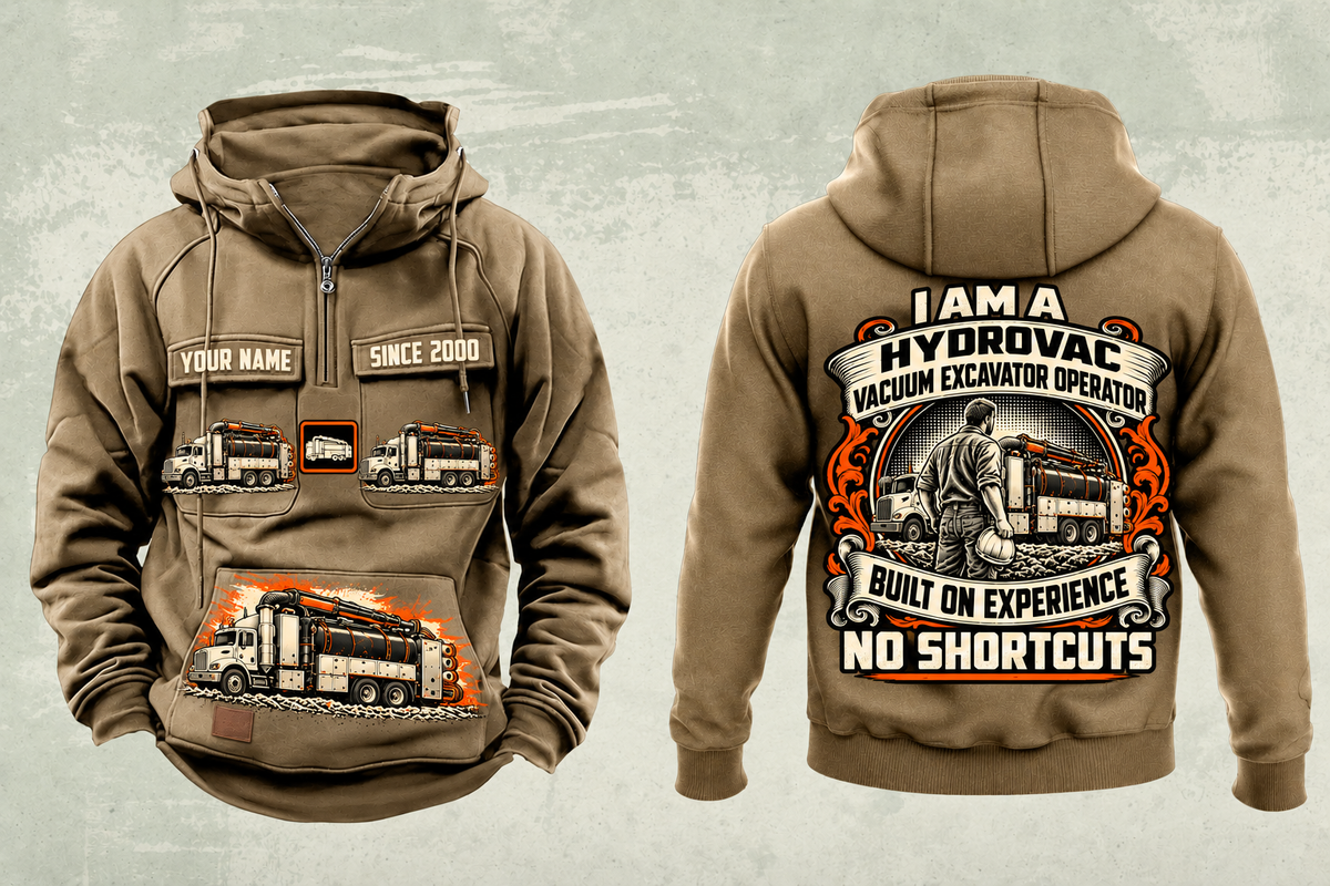 Personalized TRUVAC HXX Truck-Mounted Hydrovac Vintage Hoodie in kaki, front and back artwork with YOUR NAME and SINCE 2000 sample text.