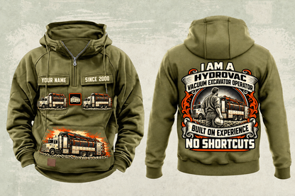 Personalized TRUVAC HXX Truck-Mounted Hydrovac Vintage Hoodie in military-green, front and back artwork with YOUR NAME and SINCE 2000 sample text.