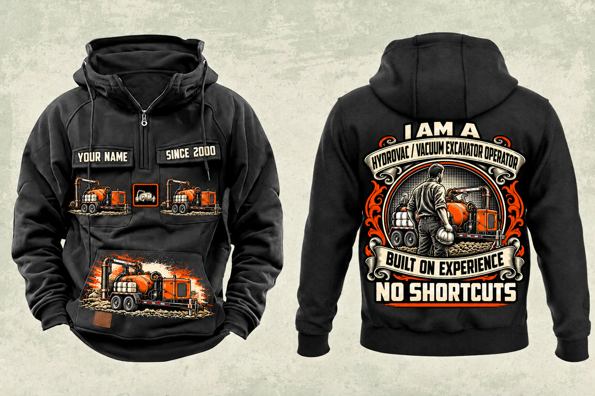 Personalized Ditch Witch HX30 Trailer Vacuum Excavator Vintage Hoodie in black, front and back artwork with YOUR NAME and SINCE 2000 sample text.