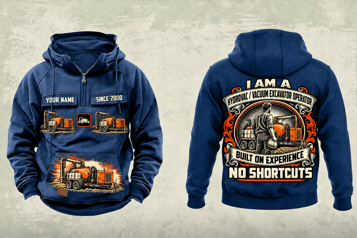 Personalized Ditch Witch HX30 Trailer Vacuum Excavator Vintage Hoodie in dark-blue, front and back artwork with YOUR NAME and SINCE 2000 sample text.