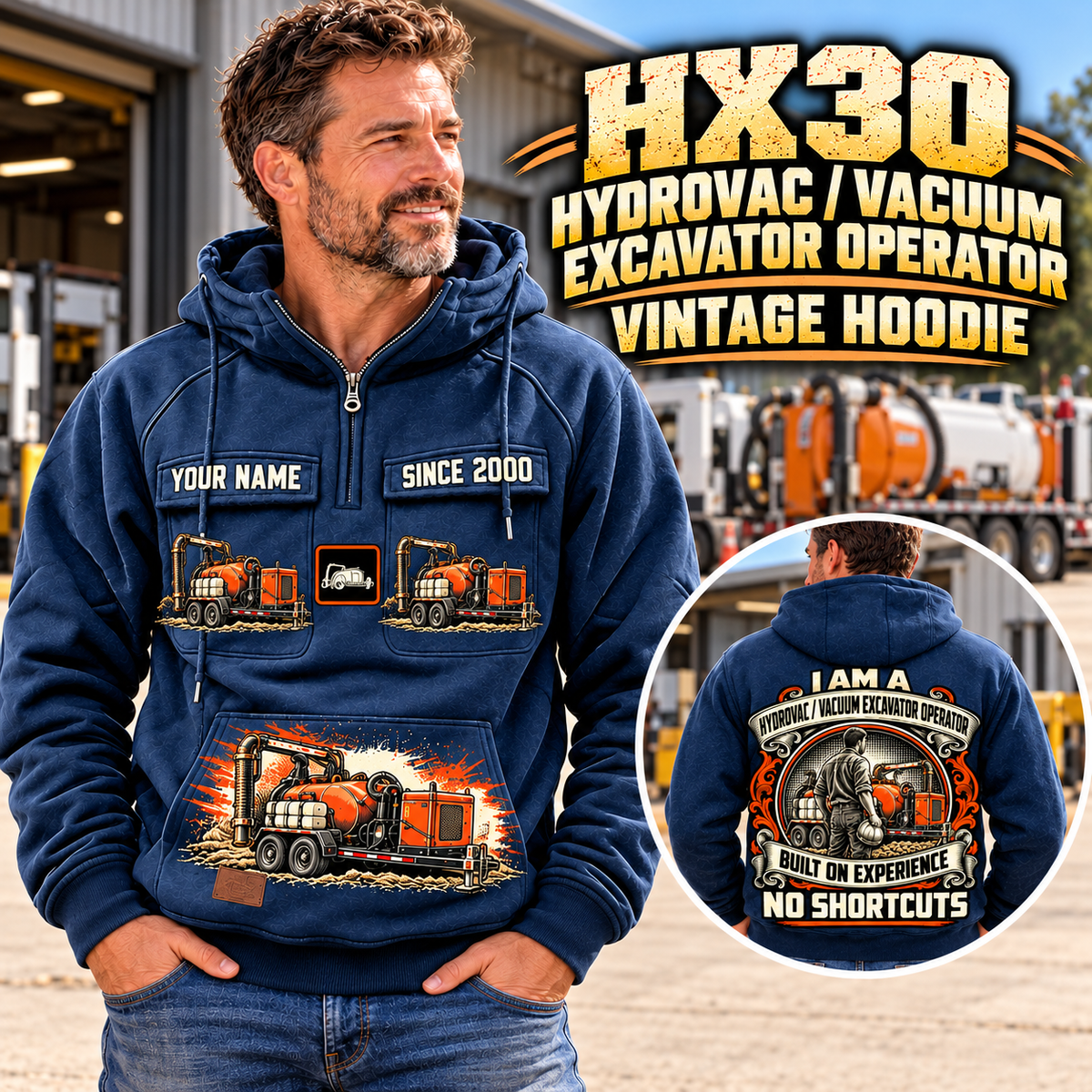 Personalized Ditch Witch HX30 Trailer Vacuum Excavator Vintage Hoodie in Dark Blue, front and back artwork with YOUR NAME and SINCE 2000 sample text.