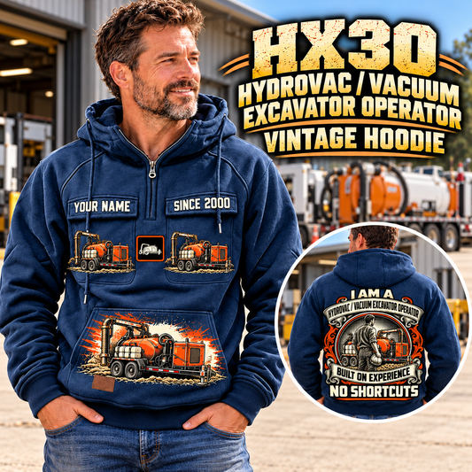 Personalized Ditch Witch HX30 Trailer Vacuum Excavator Vintage Hoodie in Dark Blue, front and back artwork with YOUR NAME and SINCE 2000 sample text.