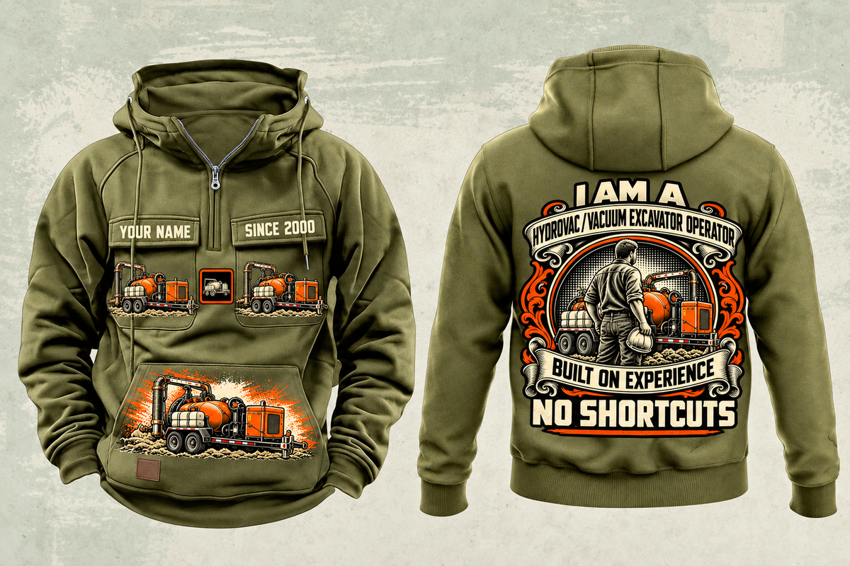 Personalized Ditch Witch HX30 Trailer Vacuum Excavator Vintage Hoodie in military-green, front and back artwork with YOUR NAME and SINCE 2000 sample text.