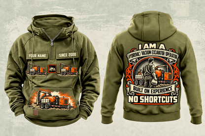 Personalized Ditch Witch HX30 Trailer Vacuum Excavator Vintage Hoodie in military-green, front and back artwork with YOUR NAME and SINCE 2000 sample text.