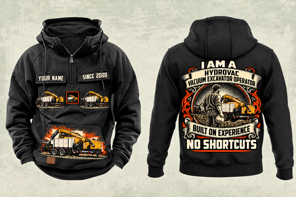 Personalized Vermeer VX50-800 Trailer Vacuum Excavator Vintage Hoodie in black, front and back artwork with YOUR NAME and SINCE 2000 sample text.