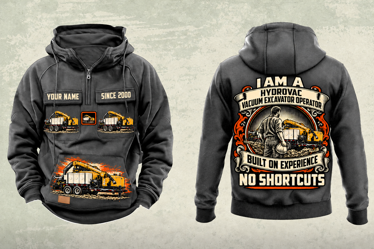 Personalized Vermeer VX50-800 Trailer Vacuum Excavator Vintage Hoodie in dark-gray, front and back artwork with YOUR NAME and SINCE 2000 sample text.