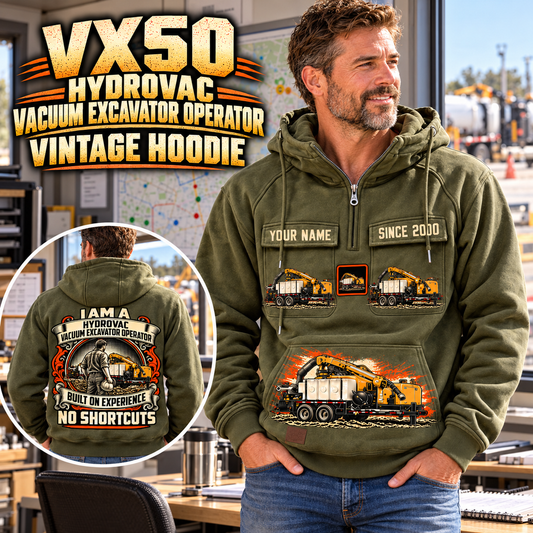Personalized Vermeer VX50-800 Trailer Vacuum Excavator Vintage Hoodie in Military Green, front and back artwork with YOUR NAME and SINCE 2000 sample text.