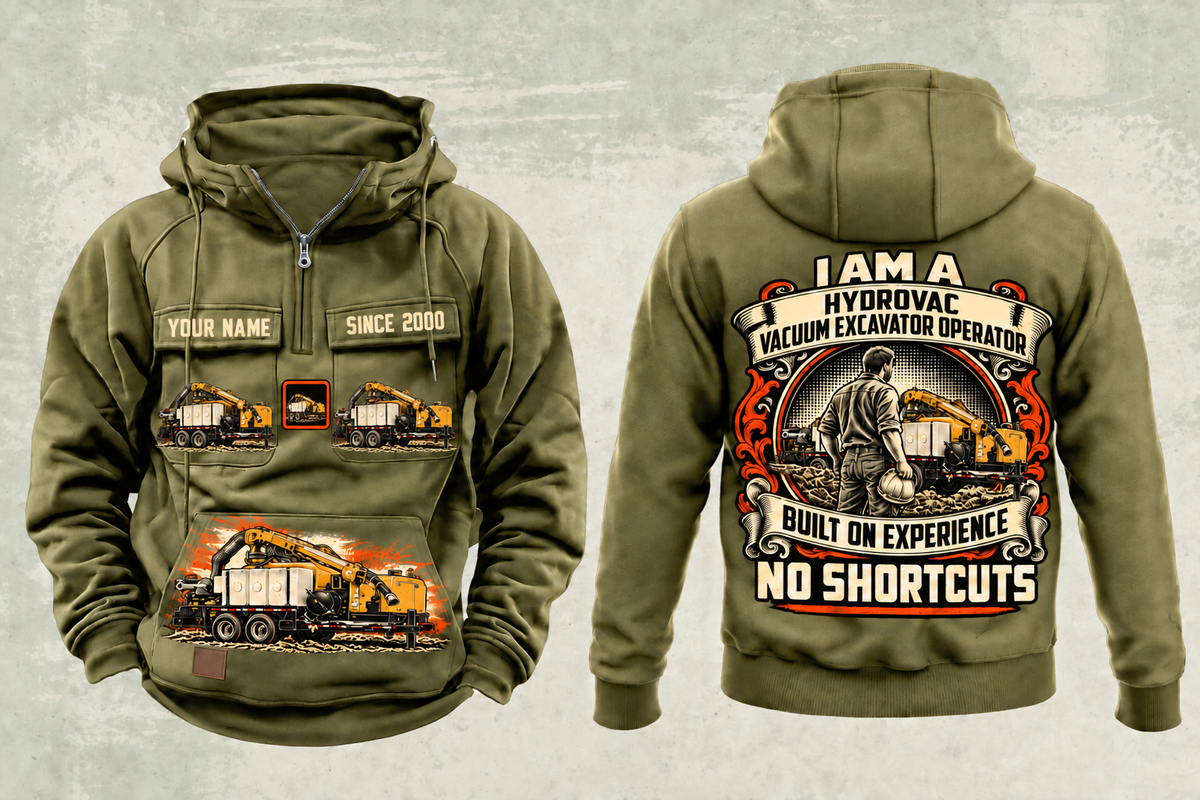 Personalized Vermeer VX50-800 Trailer Vacuum Excavator Vintage Hoodie in military-green, front and back artwork with YOUR NAME and SINCE 2000 sample text.