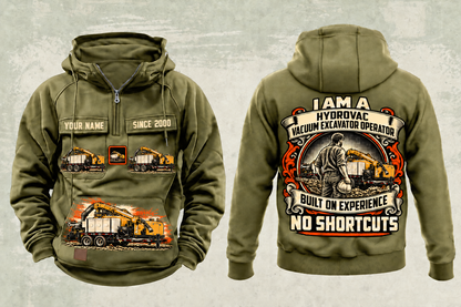 Personalized Vermeer VX50-800 Trailer Vacuum Excavator Vintage Hoodie in military-green, front and back artwork with YOUR NAME and SINCE 2000 sample text.