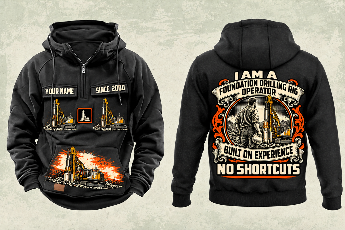 Personalized Bauer BG 28 H BT 85 Foundation Drilling Rig Vintage Hoodie in black, front and back artwork with YOUR NAME and SINCE 2000 sample text.