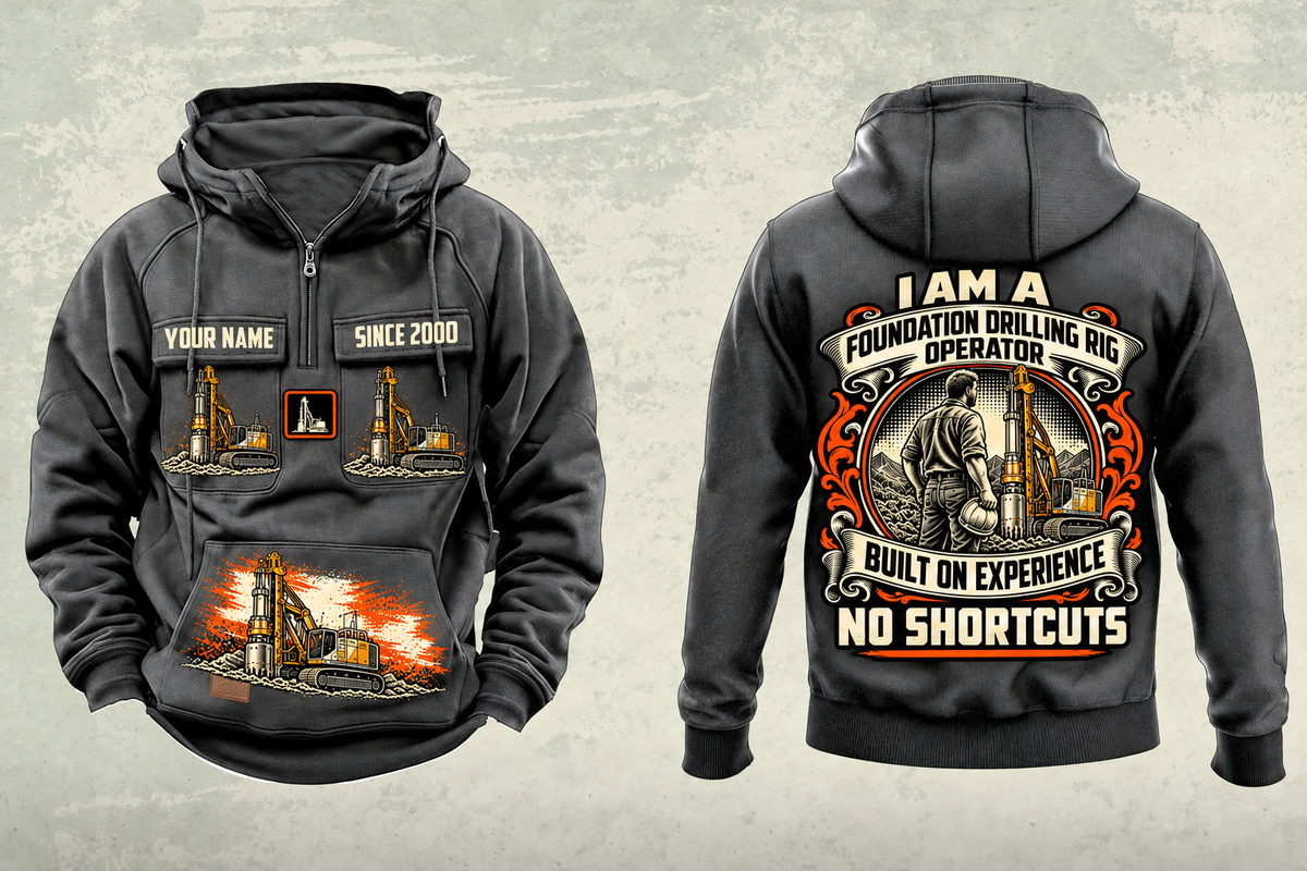 Personalized Bauer BG 28 H BT 85 Foundation Drilling Rig Vintage Hoodie in dark-gray, front and back artwork with YOUR NAME and SINCE 2000 sample text.