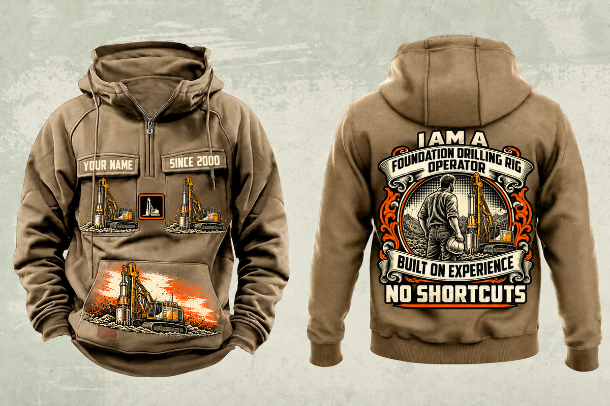 Personalized Bauer BG 28 H BT 85 Foundation Drilling Rig Vintage Hoodie in kaki, front and back artwork with YOUR NAME and SINCE 2000 sample text.