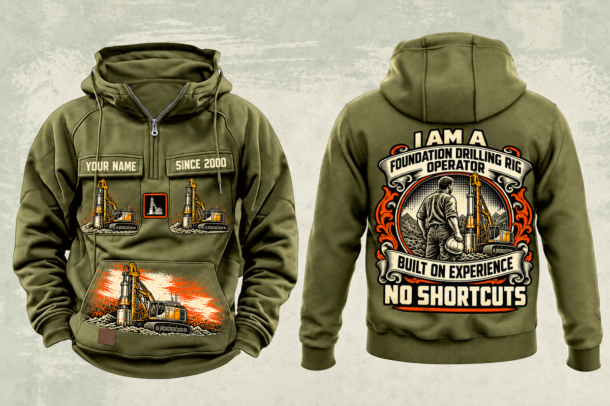 Personalized Bauer BG 28 H BT 85 Foundation Drilling Rig Vintage Hoodie in military-green, front and back artwork with YOUR NAME and SINCE 2000 sample text.