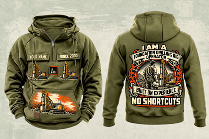 Personalized Bauer BG 28 H BT 85 Foundation Drilling Rig Vintage Hoodie in military-green, front and back artwork with YOUR NAME and SINCE 2000 sample text.