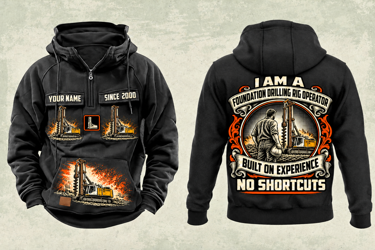 Personalized Liebherr LB 28 Foundation Drilling Rig Vintage Hoodie in black, front and back artwork with YOUR NAME and SINCE 2000 sample text.