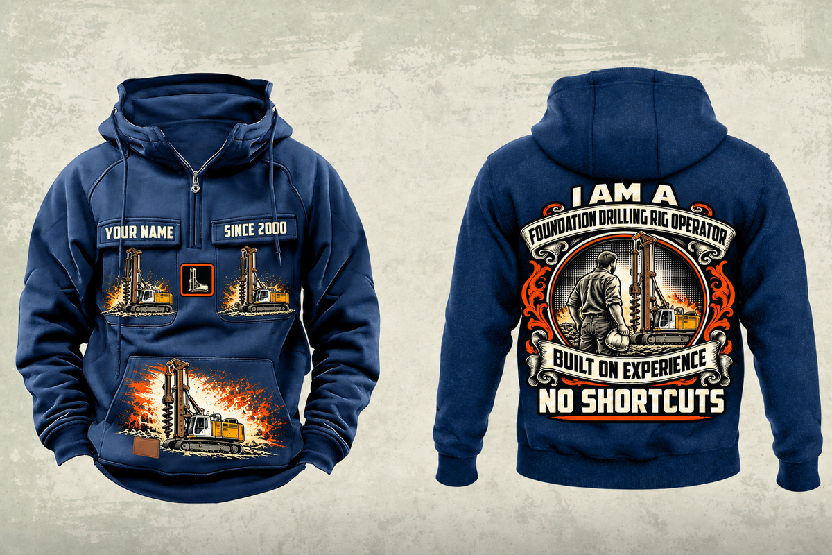 Personalized Liebherr LB 28 Foundation Drilling Rig Vintage Hoodie in dark-blue, front and back artwork with YOUR NAME and SINCE 2000 sample text.