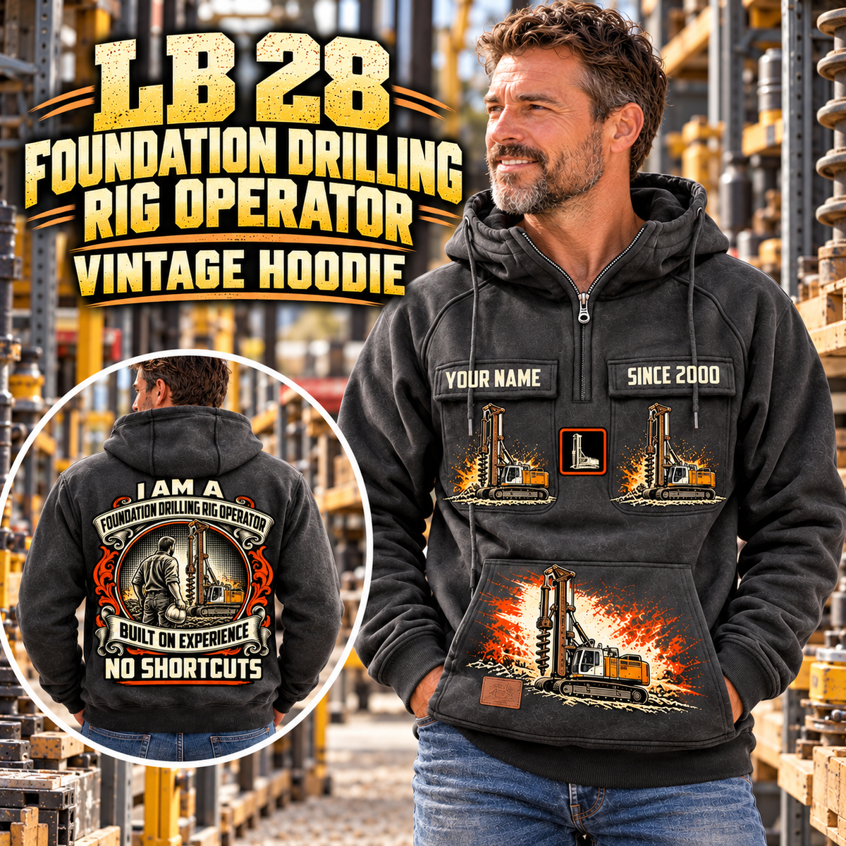Personalized Liebherr LB 28 Foundation Drilling Rig Vintage Hoodie in Dark Gray, front and back artwork with YOUR NAME and SINCE 2000 sample text.