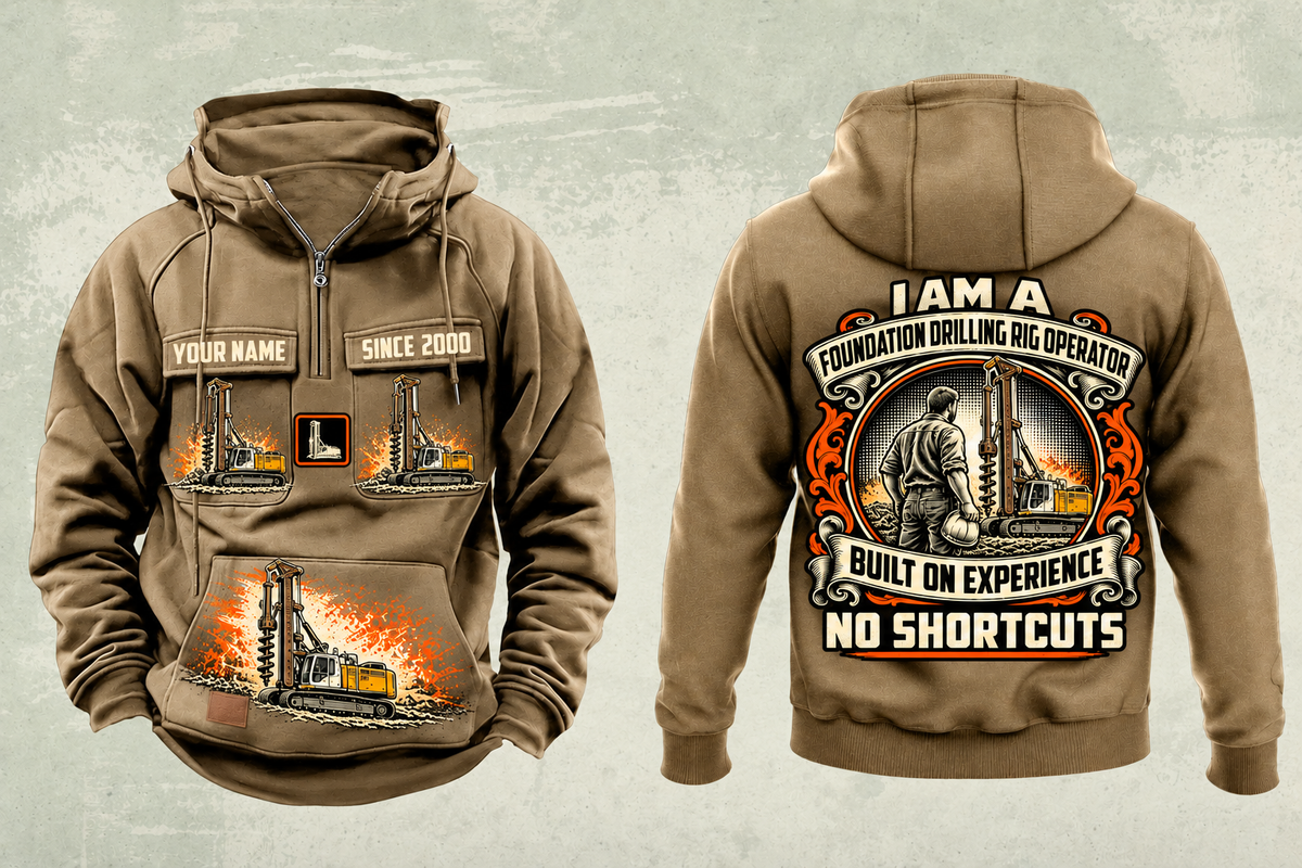 Personalized Liebherr LB 28 Foundation Drilling Rig Vintage Hoodie in kaki, front and back artwork with YOUR NAME and SINCE 2000 sample text.