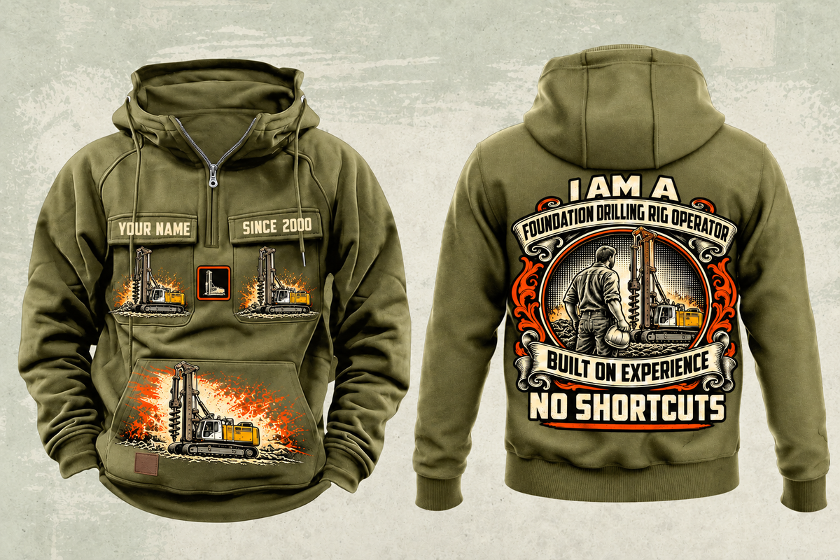 Personalized Liebherr LB 28 Foundation Drilling Rig Vintage Hoodie in military-green, front and back artwork with YOUR NAME and SINCE 2000 sample text.