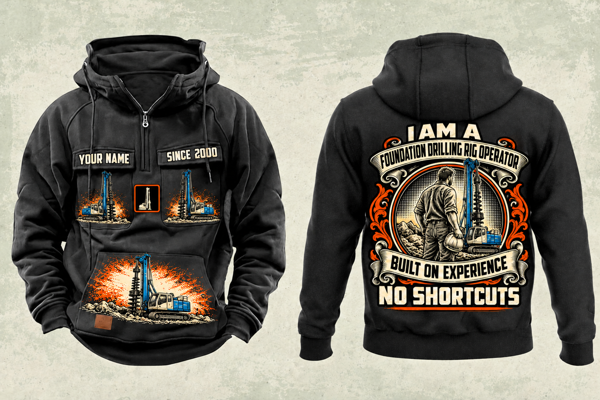 Personalized Soilmec SR-30 Eagle Foundation Drilling Rig Vintage Hoodie in black, front and back artwork with YOUR NAME and SINCE 2000 sample text.