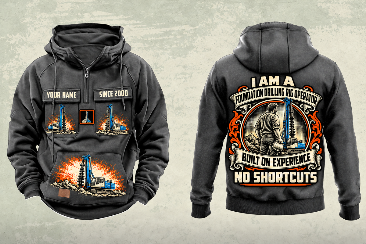 Personalized Soilmec SR-30 Eagle Foundation Drilling Rig Vintage Hoodie in dark-gray, front and back artwork with YOUR NAME and SINCE 2000 sample text.
