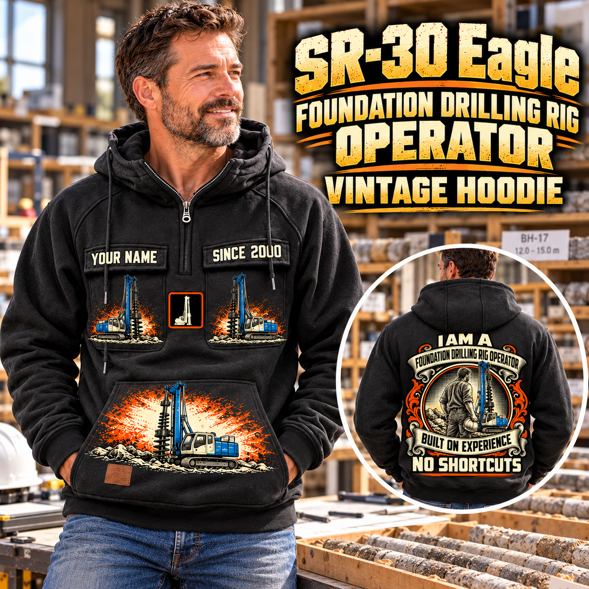 Personalized Soilmec SR-30 Eagle Foundation Drilling Rig Vintage Hoodie in Black, front and back artwork with YOUR NAME and SINCE 2000 sample text.