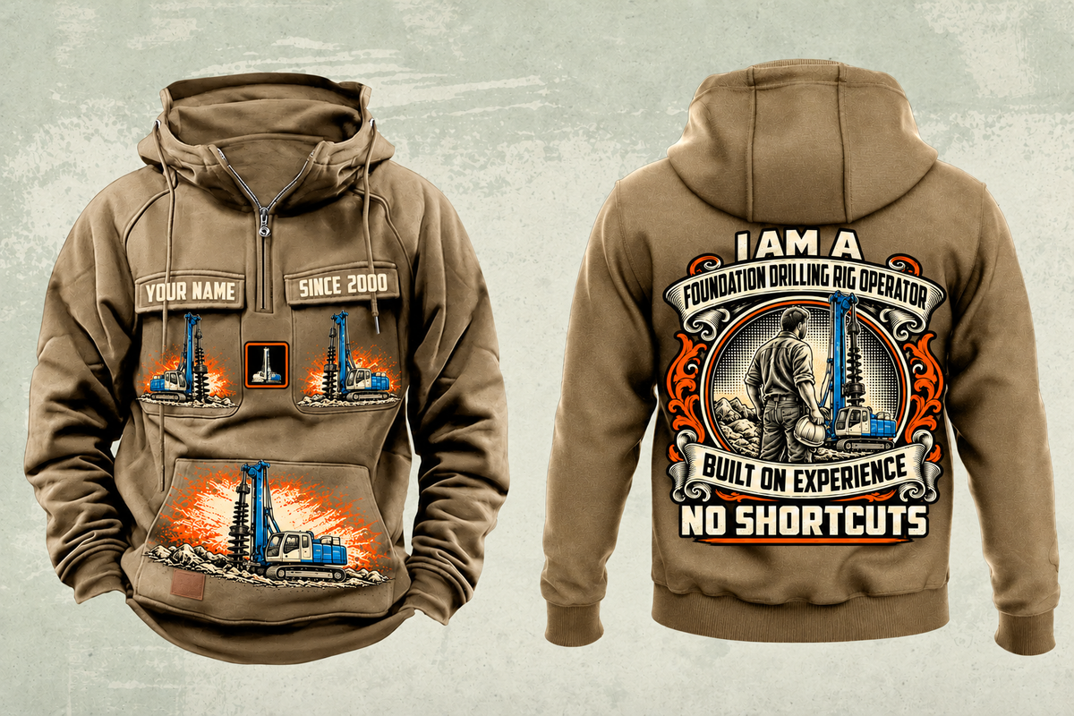 Personalized Soilmec SR-30 Eagle Foundation Drilling Rig Vintage Hoodie in kaki, front and back artwork with YOUR NAME and SINCE 2000 sample text.