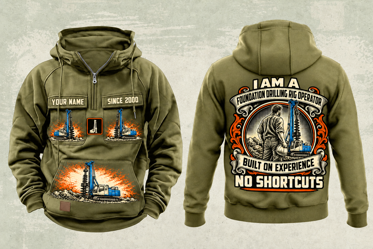 Personalized Soilmec SR-30 Eagle Foundation Drilling Rig Vintage Hoodie in military-green, front and back artwork with YOUR NAME and SINCE 2000 sample text.