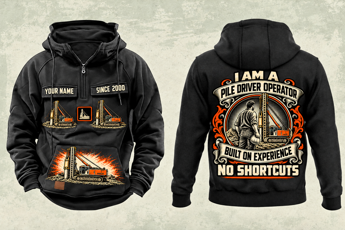 Personalized Junttan PM20LC Pile Driver Vintage Hoodie in black, front and back artwork with YOUR NAME and SINCE 2000 sample text.