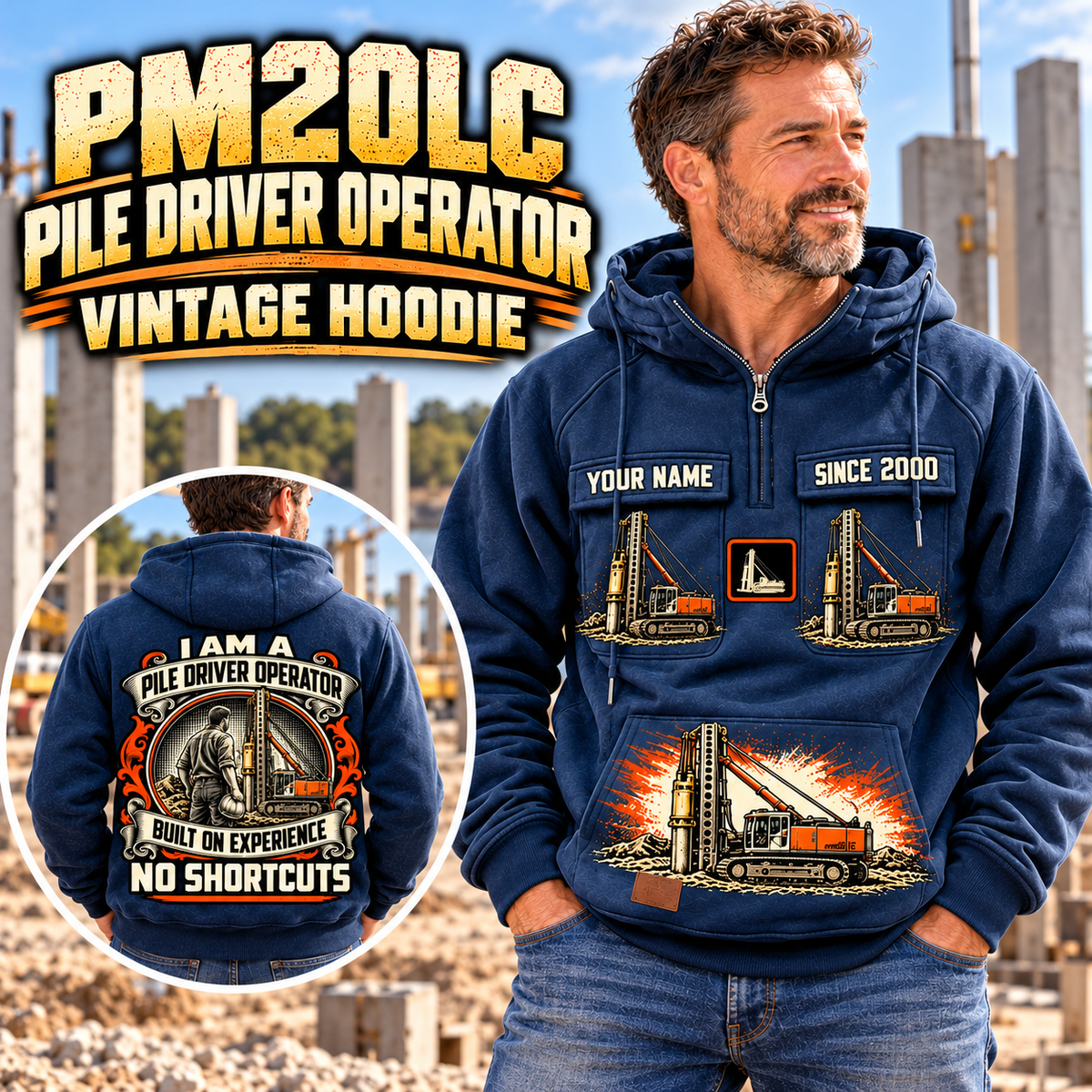 Personalized Junttan PM20LC Pile Driver Vintage Hoodie in Dark Blue, front and back artwork with YOUR NAME and SINCE 2000 sample text.