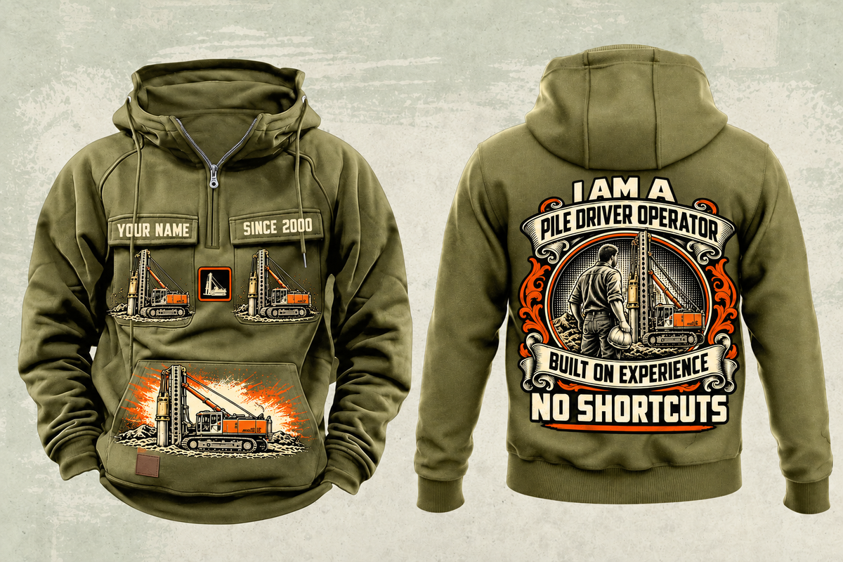 Personalized Junttan PM20LC Pile Driver Vintage Hoodie in military-green, front and back artwork with YOUR NAME and SINCE 2000 sample text.