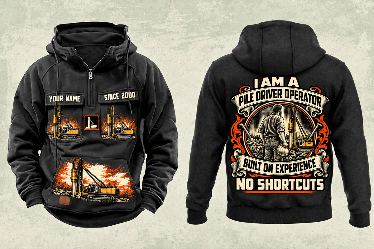 Personalized Junttan PM25H Pile Driver Vintage Hoodie in black, front and back artwork with YOUR NAME and SINCE 2000 sample text.