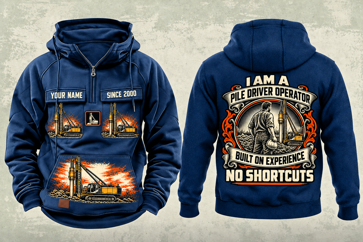 Personalized Junttan PM25H Pile Driver Vintage Hoodie in dark-blue, front and back artwork with YOUR NAME and SINCE 2000 sample text.