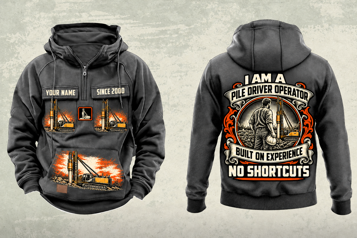 Personalized Junttan PM25H Pile Driver Vintage Hoodie in dark-gray, front and back artwork with YOUR NAME and SINCE 2000 sample text.