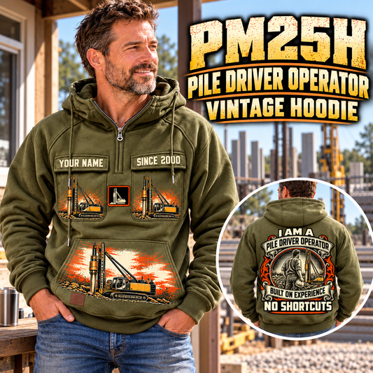 Personalized Junttan PM25H Pile Driver Vintage Hoodie in Military Green, front and back artwork with YOUR NAME and SINCE 2000 sample text.