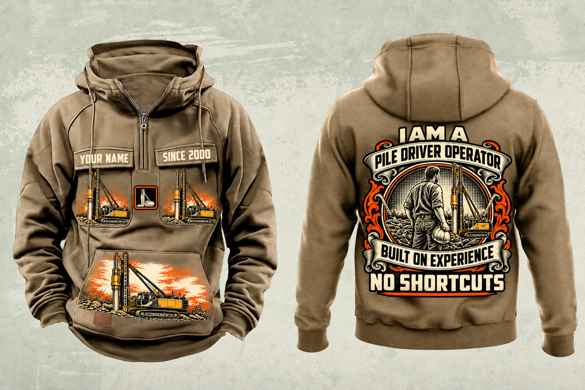 Personalized Junttan PM25H Pile Driver Vintage Hoodie in kaki, front and back artwork with YOUR NAME and SINCE 2000 sample text.