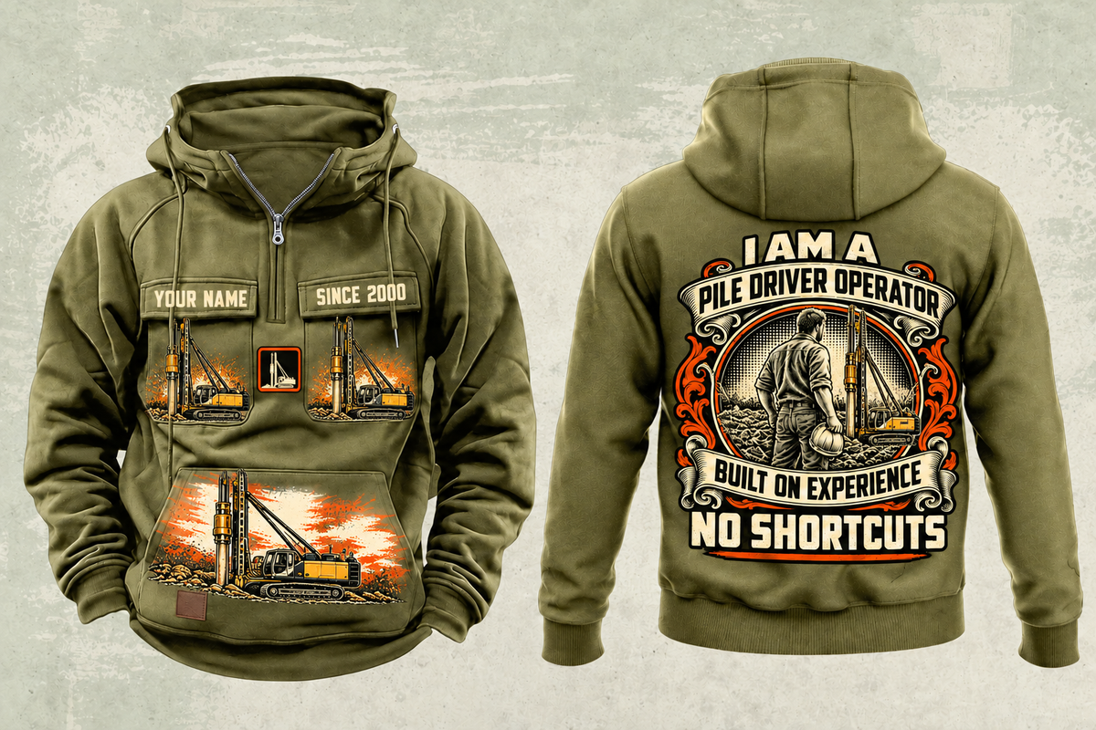 Personalized Junttan PM25H Pile Driver Vintage Hoodie in military-green, front and back artwork with YOUR NAME and SINCE 2000 sample text.
