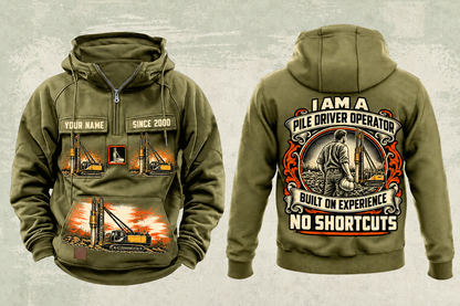Personalized Junttan PM25H Pile Driver Vintage Hoodie in military-green, front and back artwork with YOUR NAME and SINCE 2000 sample text.