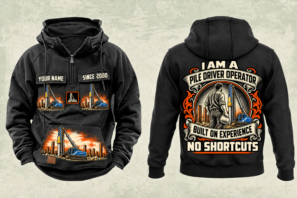 Personalized Junttan PMx25 Pile Driver Vintage Hoodie in black, front and back artwork with YOUR NAME and SINCE 2000 sample text.