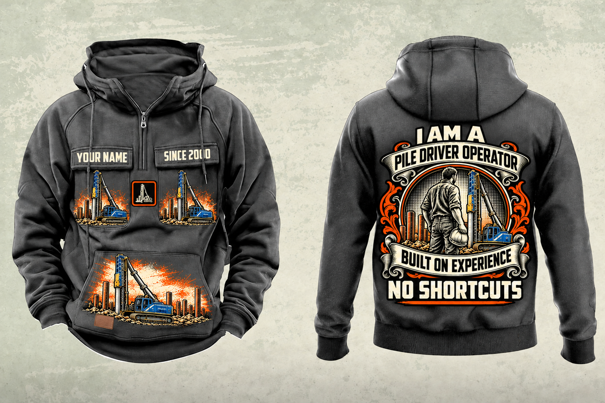 Personalized Junttan PMx25 Pile Driver Vintage Hoodie in dark-gray, front and back artwork with YOUR NAME and SINCE 2000 sample text.