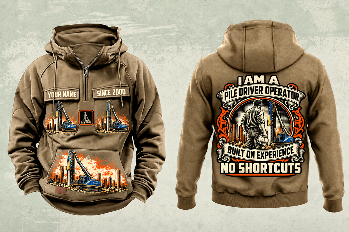 Personalized Junttan PMx25 Pile Driver Vintage Hoodie in kaki, front and back artwork with YOUR NAME and SINCE 2000 sample text.