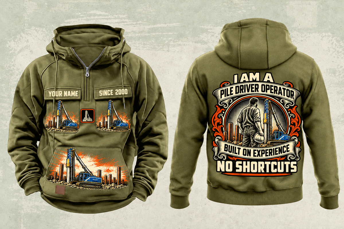 Personalized Junttan PMx25 Pile Driver Vintage Hoodie in military-green, front and back artwork with YOUR NAME and SINCE 2000 sample text.