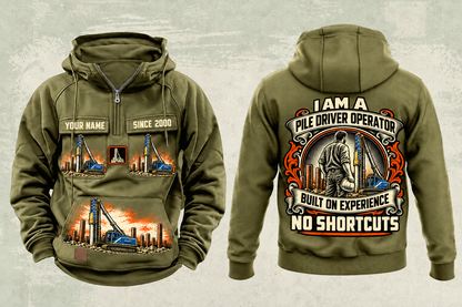 Personalized Junttan PMx25 Pile Driver Vintage Hoodie in military-green, front and back artwork with YOUR NAME and SINCE 2000 sample text.