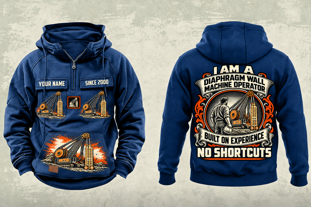 Personalized Bauer MC 96 with BC 40 Diaphragm Wall Machine Vintage Hoodie in dark-blue, front and back artwork with YOUR NAME and SINCE 2000 sample text.
