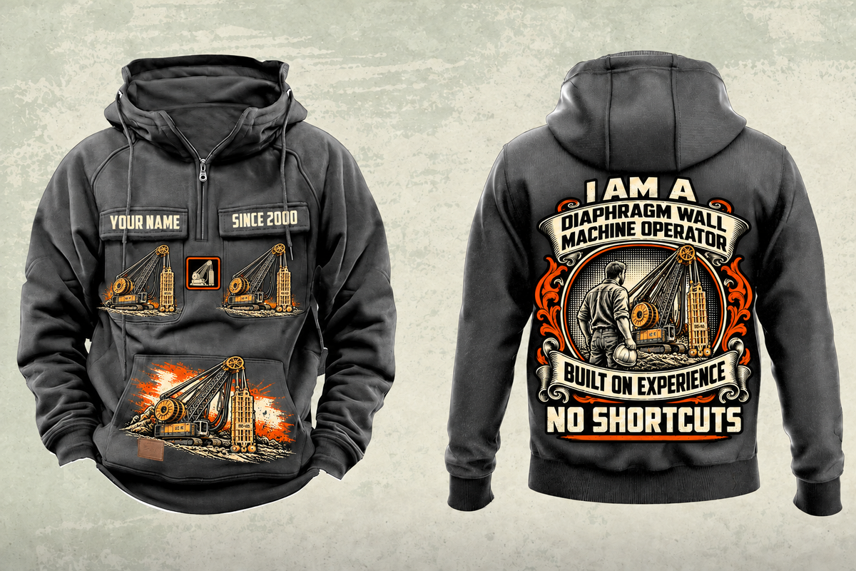 Personalized Bauer MC 96 with BC 40 Diaphragm Wall Machine Vintage Hoodie in dark-gray, front and back artwork with YOUR NAME and SINCE 2000 sample text.