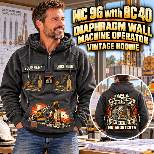 Personalized Bauer MC 96 with BC 40 Diaphragm Wall Machine Vintage Hoodie in Dark Gray, front and back artwork with YOUR NAME and SINCE 2000 sample text.
