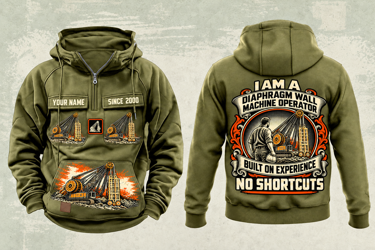 Personalized Bauer MC 96 with BC 40 Diaphragm Wall Machine Vintage Hoodie in military-green, front and back artwork with YOUR NAME and SINCE 2000 sample text.