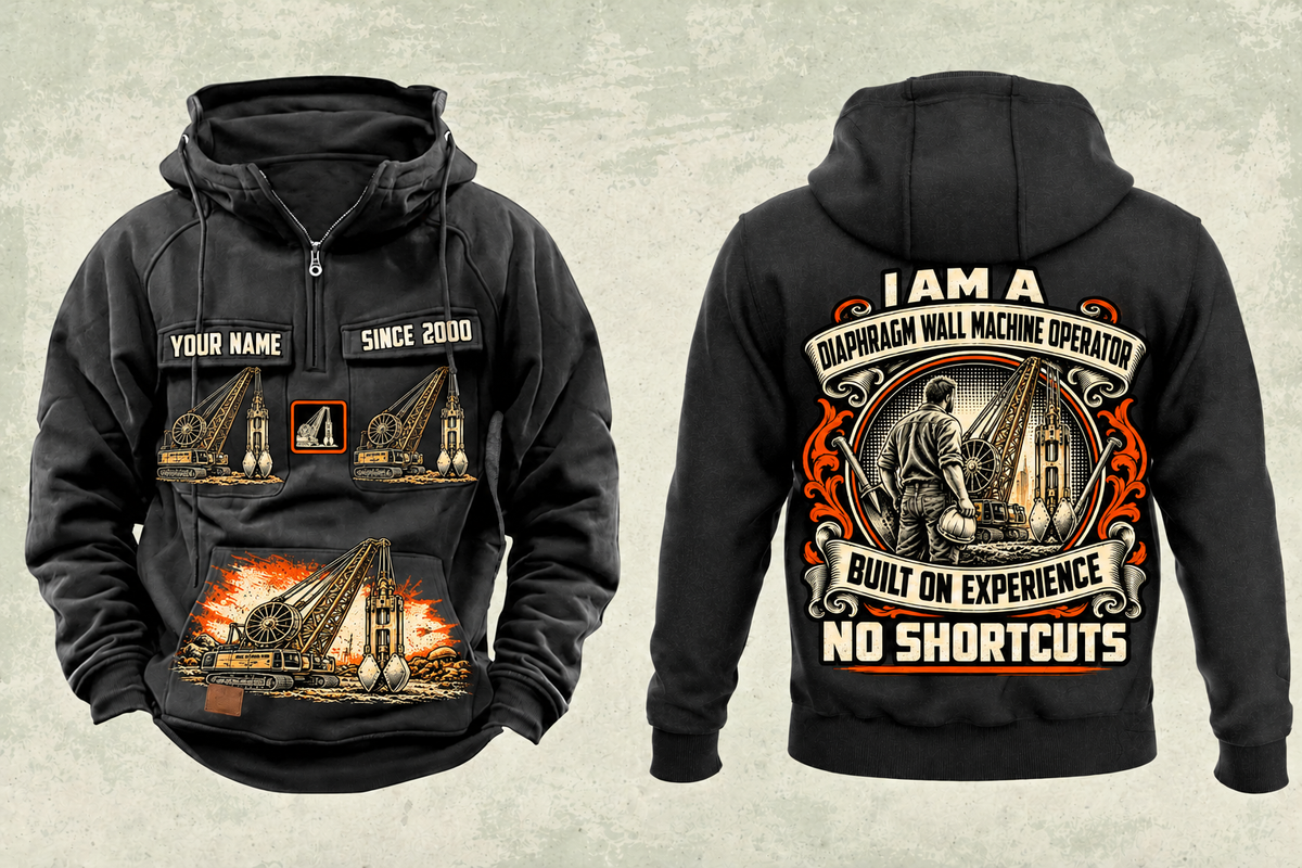Personalized Liebherr HS 8100 HD with HSG 5-18 L Diaphragm Wall Machine Vintage Hoodie in black, front and back artwork with YOUR NAME and SINCE 2000 sample text.