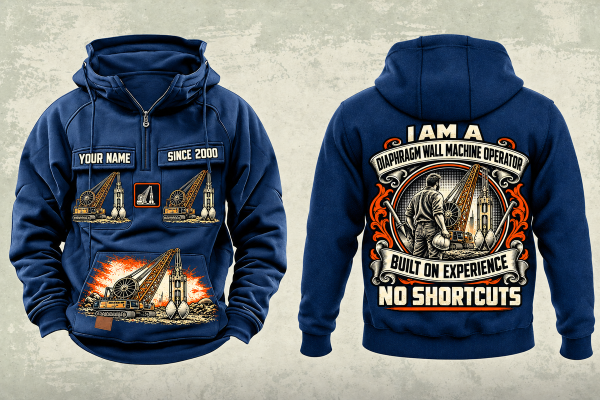 Personalized Liebherr HS 8100 HD with HSG 5-18 L Diaphragm Wall Machine Vintage Hoodie in dark-blue, front and back artwork with YOUR NAME and SINCE 2000 sample text.