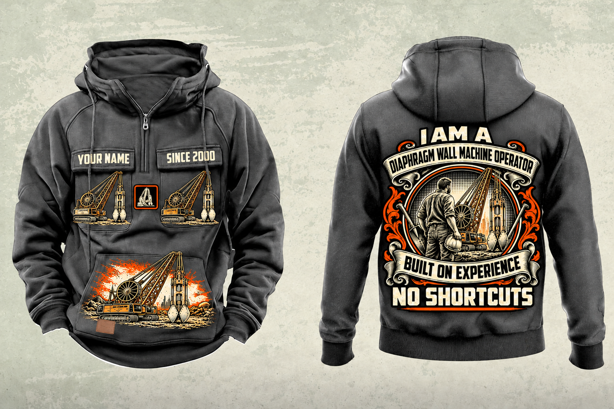 Personalized Liebherr HS 8100 HD with HSG 5-18 L Diaphragm Wall Machine Vintage Hoodie in dark-gray, front and back artwork with YOUR NAME and SINCE 2000 sample text.